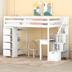 English Elm Twin Loft Bed with Stair Drawers Built-in Desk and Shelves Solid Pine Frame White LT000340AAK