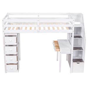 English Elm Twin Loft Bed with Stair Drawers Built-in Desk and Shelves Solid Pine Frame White LT000340AAK