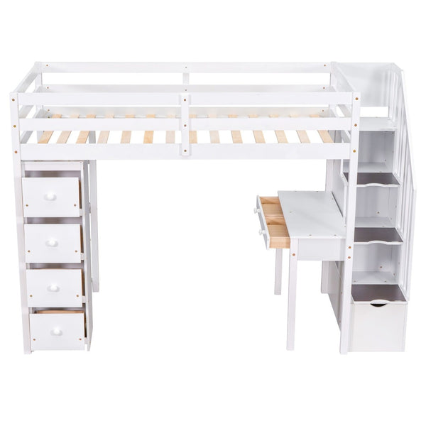English Elm Twin Loft Bed with Stair Drawers Built-in Desk and Shelves Solid Pine Frame White LT000340AAK