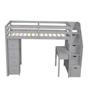 English Elm Twin Loft Bed with Stair Drawers Built-in Desk and Shelves Solid Pine Frame Gray LT000340AAE