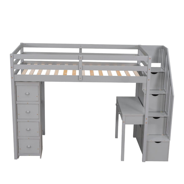 English Elm Twin Loft Bed with Stair Drawers Built-in Desk and Shelves Solid Pine Frame Gray LT000340AAE