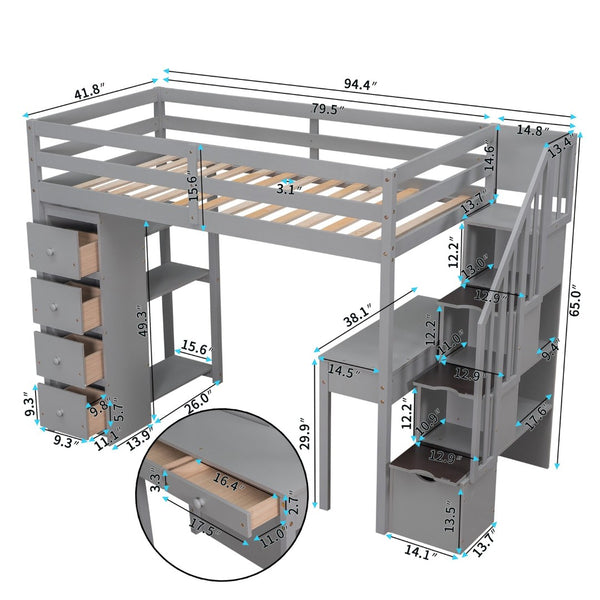 English Elm Twin Loft Bed with Stair Drawers Built-in Desk and Shelves Solid Pine Frame Gray LT000340AAE