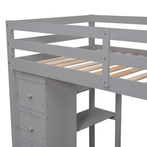 English Elm Twin Loft Bed with Stair Drawers Built-in Desk and Shelves Solid Pine Frame Gray LT000340AAE