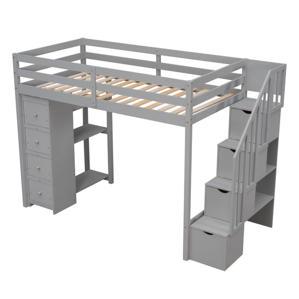 English Elm Twin Loft Bed with Stairs Drawers and Shelves Solid Pine Kids Bedroom Storage LT000338AAE