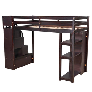 English Elm Twin Loft Bed with Stairs Drawers and Shelves Solid Pine Kids Bedroom Storage LT000338AAP