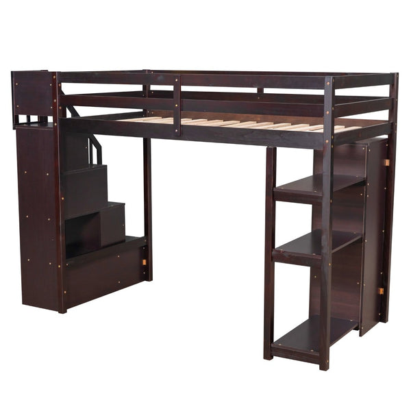 English Elm Twin Loft Bed with Stairs Drawers and Shelves Solid Pine Kids Bedroom Storage LT000338AAP