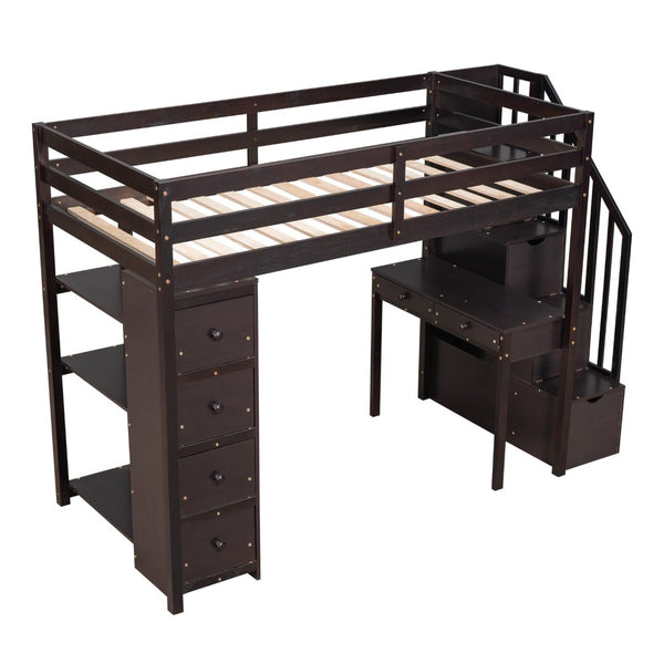 English Elm Twin Loft Bed with Stair Drawers Built-in Desk and Shelves Solid Pine Frame LT000340AAP