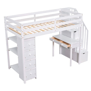 English Elm Twin Loft Bed with Stair Drawers Built-in Desk and Shelves Solid Pine Frame White LT000340AAK