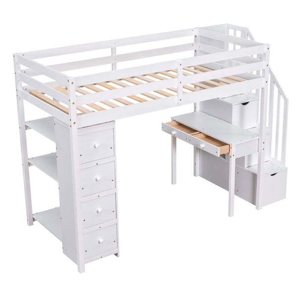 English Elm Twin Loft Bed with Stair Drawers Built-in Desk and Shelves Solid Pine Frame White LT000340AAK