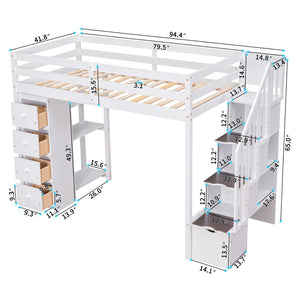 English Elm Twin Loft Bed with Stairs Drawers and Shelves Solid Pine Kids Bedroom Storage LT000338AAK