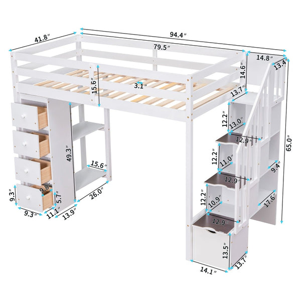 English Elm Twin Loft Bed with Stairs Drawers and Shelves Solid Pine Kids Bedroom Storage LT000338AAK