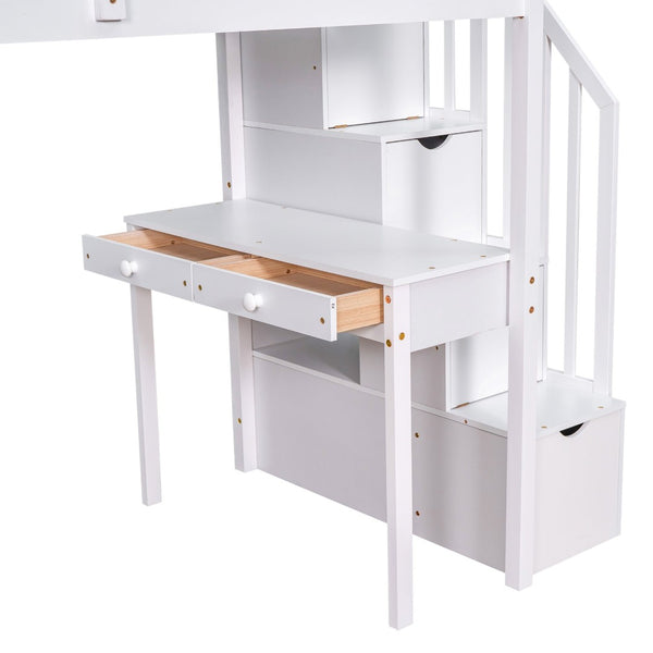 English Elm Twin Loft Bed with Stair Drawers Built-in Desk and Shelves Solid Pine Frame White LT000340AAK