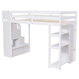 English Elm Twin Loft Bed with Stairs Drawers and Shelves Solid Pine Kids Bedroom Storage LT000338AAK