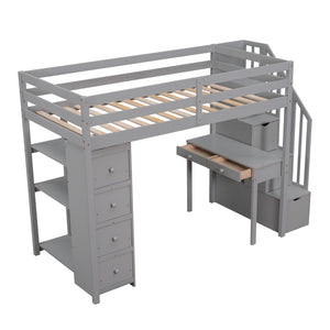 English Elm Twin Loft Bed with Stair Drawers Built-in Desk and Shelves Solid Pine Frame Gray LT000340AAE