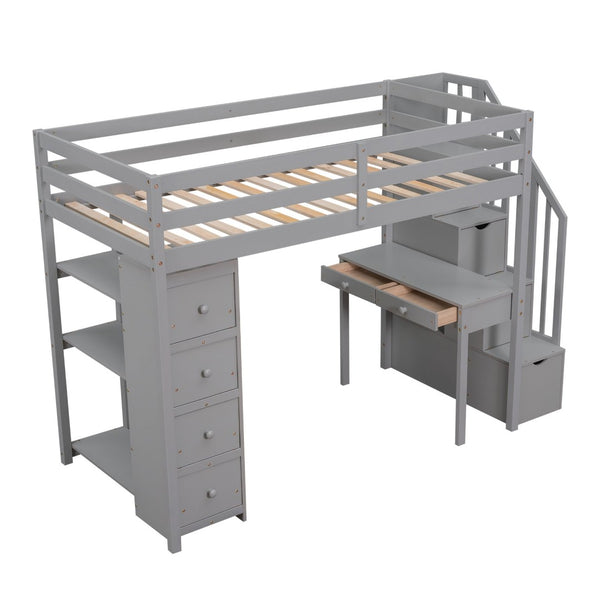 English Elm Twin Loft Bed with Stair Drawers Built-in Desk and Shelves Solid Pine Frame Gray LT000340AAE