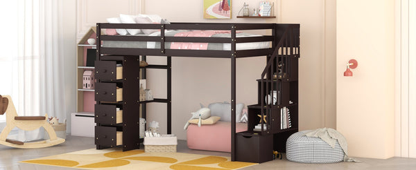 English Elm Twin Loft Bed with Stairs Drawers and Shelves Solid Pine Kids Bedroom Storage LT000338AAP