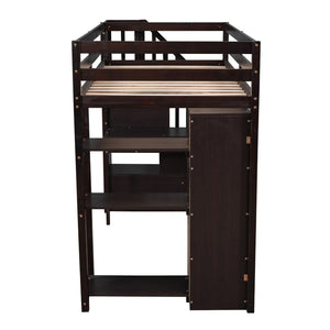 English Elm Twin Loft Bed with Stair Drawers Built-in Desk and Shelves Solid Pine Frame LT000340AAP