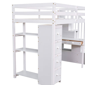 English Elm Twin Loft Bed with Stair Drawers Built-in Desk and Shelves Solid Pine Frame White LT000340AAK