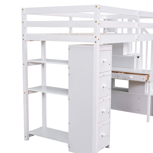 English Elm Twin Loft Bed with Stair Drawers Built-in Desk and Shelves Solid Pine Frame White LT000340AAK