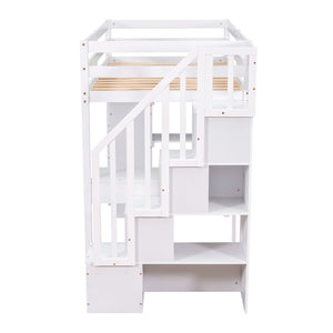 English Elm Twin Loft Bed with Stair Drawers Built-in Desk and Shelves Solid Pine Frame White LT000340AAK