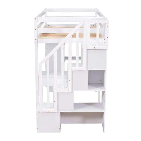 English Elm Twin Loft Bed with Stair Drawers Built-in Desk and Shelves Solid Pine Frame White LT000340AAK