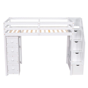 English Elm Twin Loft Bed with Stairs Drawers and Shelves Solid Pine Kids Bedroom Storage LT000338AAK