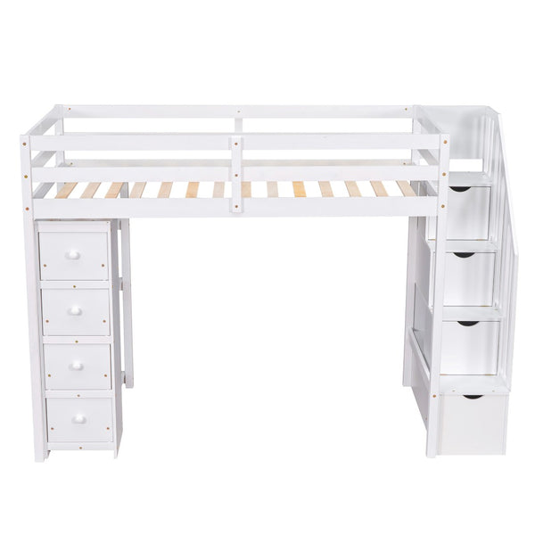 English Elm Twin Loft Bed with Stairs Drawers and Shelves Solid Pine Kids Bedroom Storage LT000338AAK