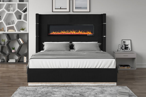 English Elm Lizelle Queen Bed Black Velvet Upholstered with LED Fireplace Display, Bluetooth Speakers, USB Charging G150108989