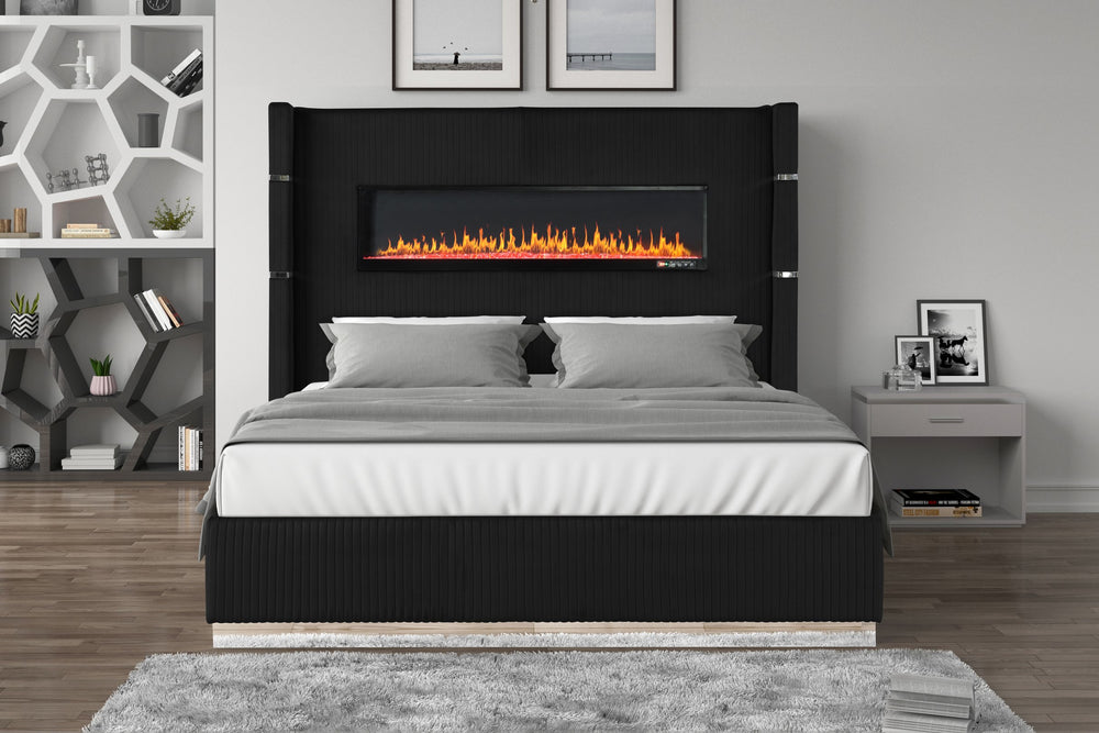 English Elm Lizelle Queen Bed Black Velvet with Ambient LED Fireplace Display, USB, Bluetooth Speakers, Luxe Upholstery B00977487