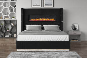 English Elm LIZZELLE King 4PC Bedroom Set with Velvet Upholstery, LED Fireplace Display, USB/Bluetooth Speakers, Black B009S02095