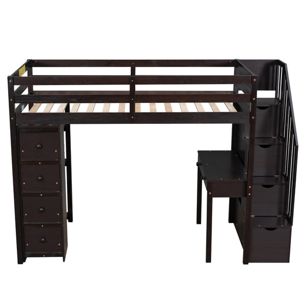 English Elm Twin Loft Bed with Stair Drawers Built-in Desk and Shelves Solid Pine Frame LT000340AAP