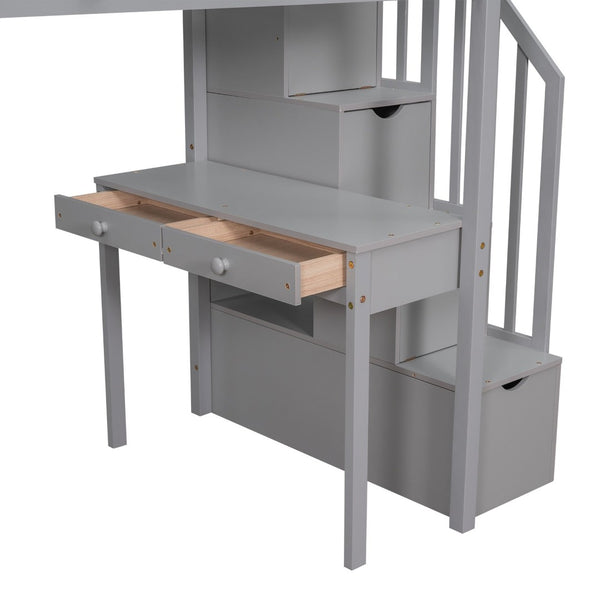 English Elm Twin Loft Bed with Stair Drawers Built-in Desk and Shelves Solid Pine Frame Gray LT000340AAE