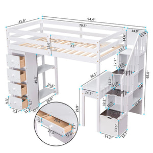 English Elm Twin Loft Bed with Stair Drawers Built-in Desk and Shelves Solid Pine Frame White LT000340AAK