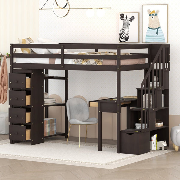 English Elm Twin Loft Bed with Stair Drawers Built-in Desk and Shelves Solid Pine Frame LT000340AAP