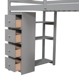 English Elm Twin Loft Bed with Stair Drawers Built-in Desk and Shelves Solid Pine Frame Gray LT000340AAE