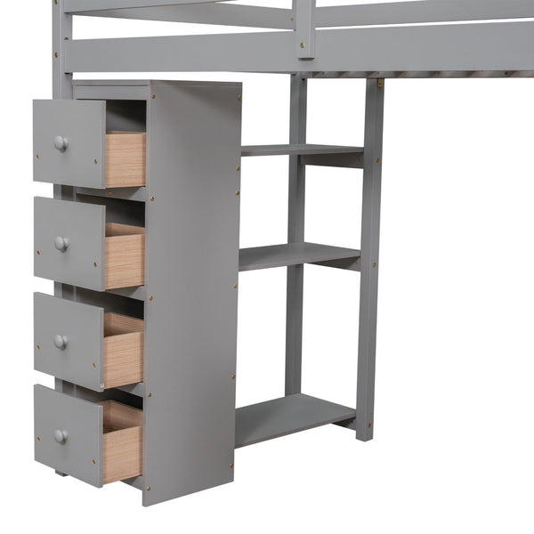 English Elm Twin Loft Bed with Stair Drawers Built-in Desk and Shelves Solid Pine Frame Gray LT000340AAE
