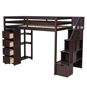 English Elm Twin Loft Bed with Stairs Drawers and Shelves Solid Pine Kids Bedroom Storage LT000338AAP