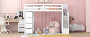 English Elm Twin Loft Bed with Stairs Drawers and Shelves Solid Pine Kids Bedroom Storage LT000338AAK