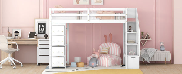 English Elm Twin Loft Bed with Stairs Drawers and Shelves Solid Pine Kids Bedroom Storage LT000338AAK