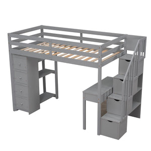 English Elm Twin Loft Bed with Stair Drawers Built-in Desk and Shelves Solid Pine Frame Gray LT000340AAE