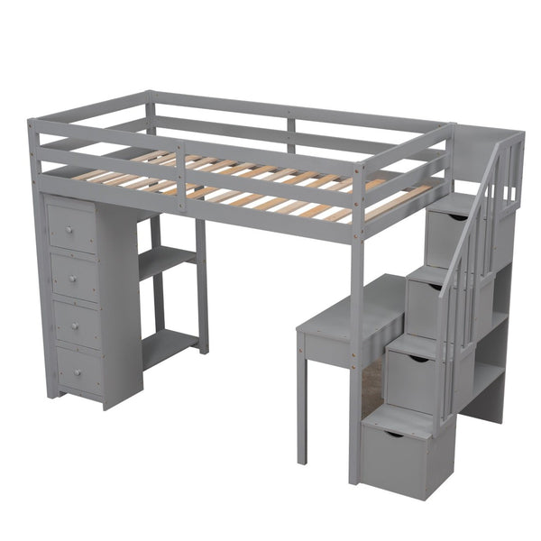 English Elm Twin Loft Bed with Stair Drawers Built-in Desk and Shelves Solid Pine Frame Gray LT000340AAE