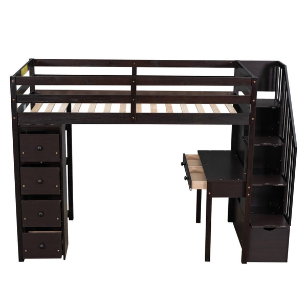 English Elm Twin Loft Bed with Stair Drawers Built-in Desk and Shelves Solid Pine Frame LT000340AAP