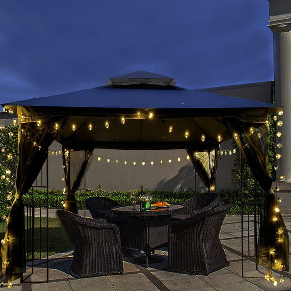 English Elm 10x10 Outdoor Gazebo with Vented Dual Roof Mesh Screens Steel Frame Patio Shelter W41940785