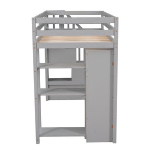 English Elm Twin Loft Bed with Stairs Drawers and Shelves Solid Pine Kids Bedroom Storage LT000338AAE