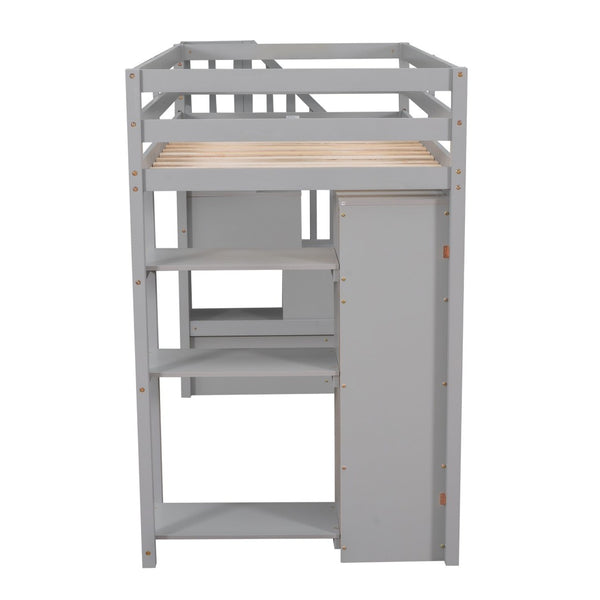 English Elm Twin Loft Bed with Stairs Drawers and Shelves Solid Pine Kids Bedroom Storage LT000338AAE