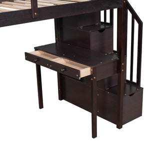 English Elm Twin Loft Bed with Stair Drawers Built-in Desk and Shelves Solid Pine Frame LT000340AAP