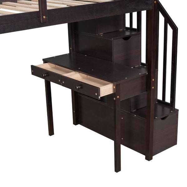 English Elm Twin Loft Bed with Stair Drawers Built-in Desk and Shelves Solid Pine Frame LT000340AAP