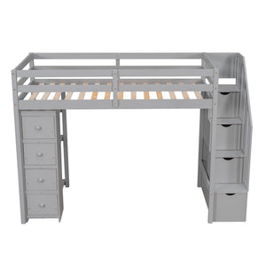 English Elm Twin Loft Bed with Stairs Drawers and Shelves Solid Pine Kids Bedroom Storage LT000338AAE