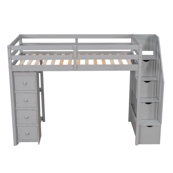 English Elm Twin Loft Bed with Stairs Drawers and Shelves Solid Pine Kids Bedroom Storage LT000338AAE