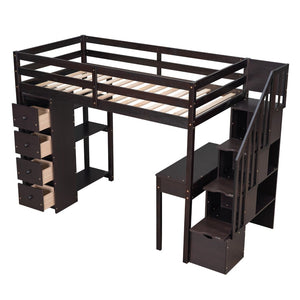 English Elm Twin Loft Bed with Stair Drawers Built-in Desk and Shelves Solid Pine Frame LT000340AAP